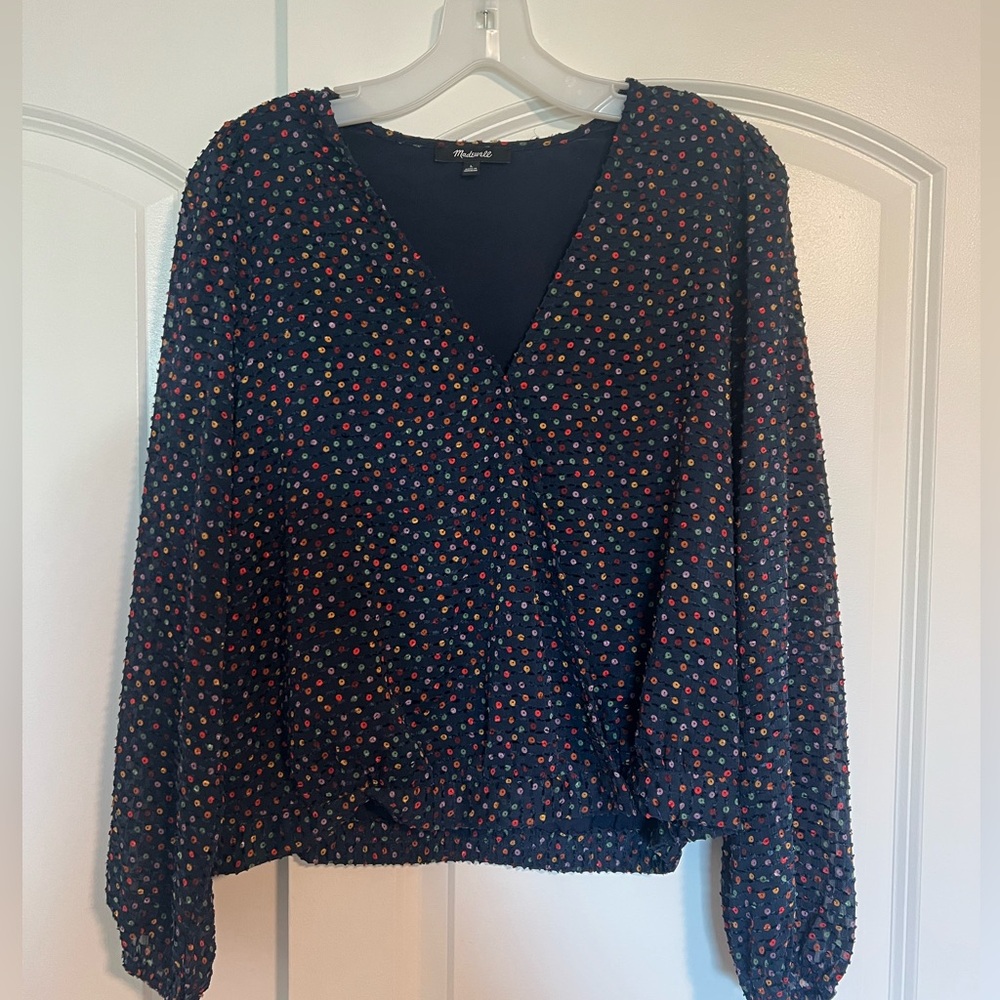 Madewell Navy Blouse with Multicolor Dot Print